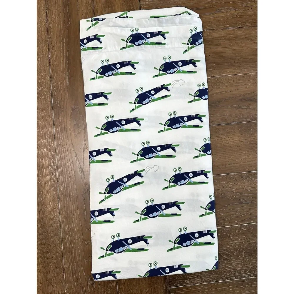 EUC Pottery Barn Full FLAT Sheet Vintage Airplane Print Blue Green